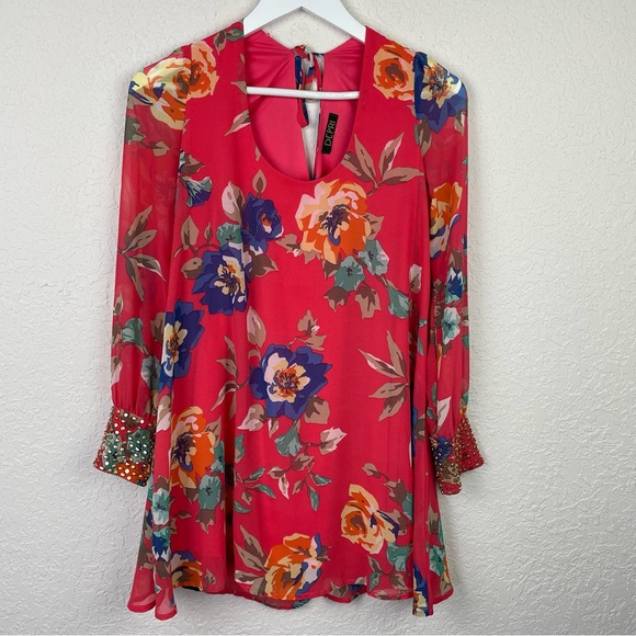 DEPRI Womens Red Floral Blouse Long Studded Cuff Sleeves Keyhole Tie Back - Picture 9 of 12